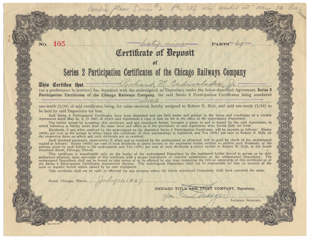 Chicago Railways Company Stock Certificate