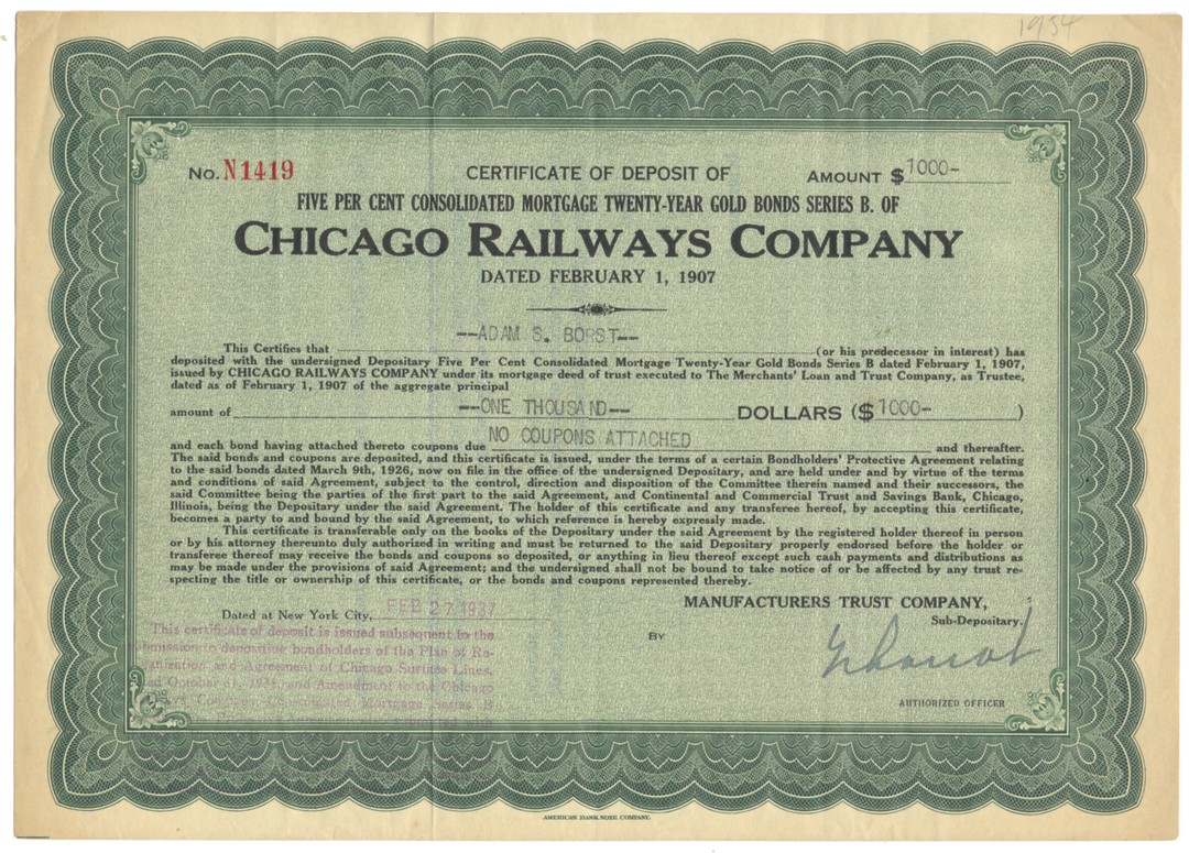 Chicago Railways Company Stock Certificate