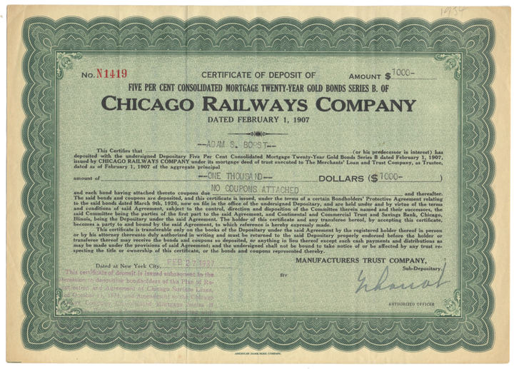 Chicago Railways Company Stock Certificate