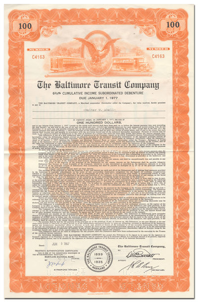 Baltimore Transit Company Bond Certificate