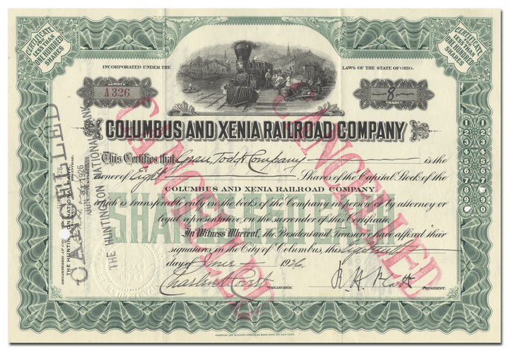 Columbus and Xenia Railroad Company Stock Certificate