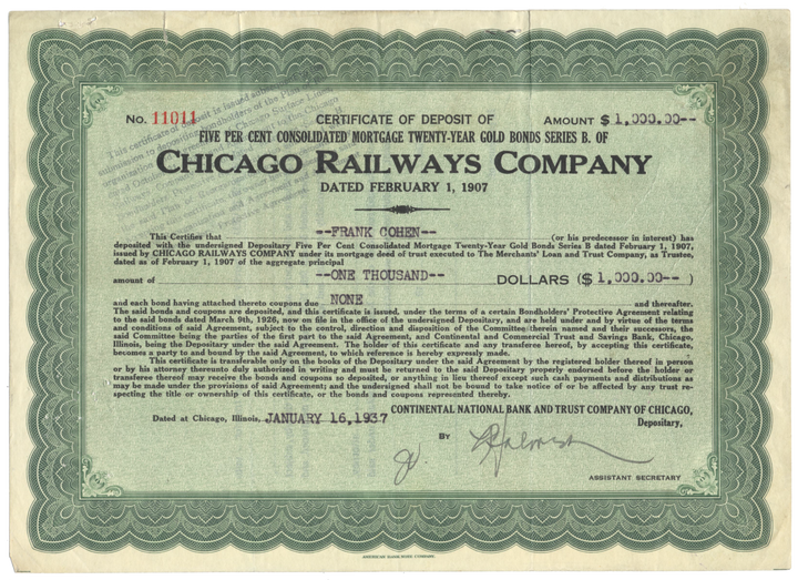 Chicago Railways Company Stock Certificate