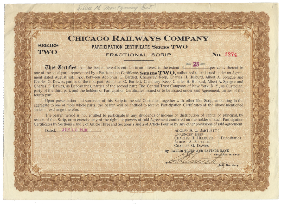 Chicago Railways Company Stock Certificate