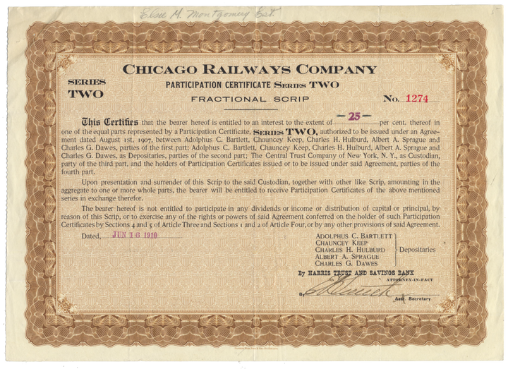 Chicago Railways Company Stock Certificate