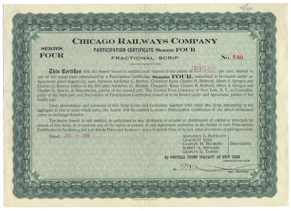 Chicago Railways Company Stock Certificate