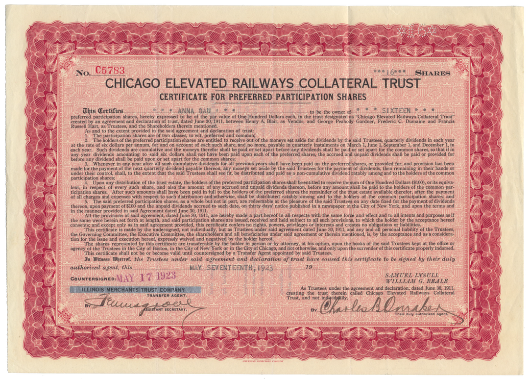 Chicago Elevated Railways Collateral Trust Stock Certificate