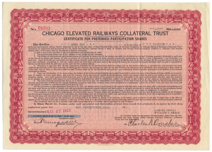 Chicago Elevated Railways Collateral Trust Stock Certificate