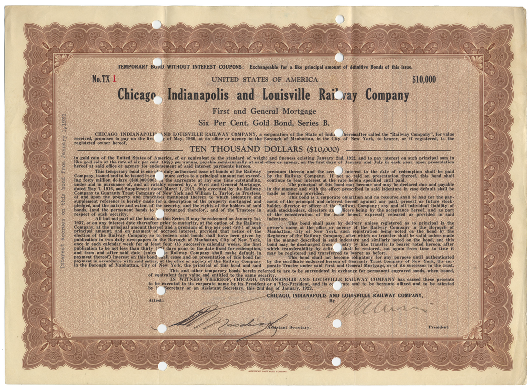 Chicago, Indianapolis and Louisville Railway Company Bond Certificate