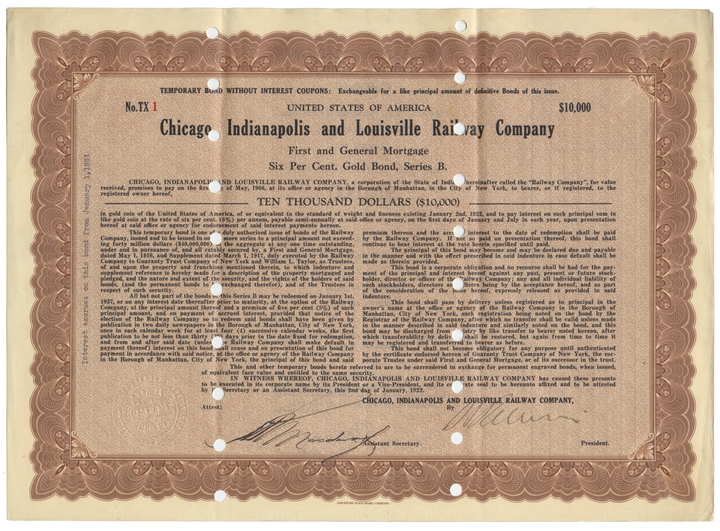 Chicago, Indianapolis and Louisville Railway Company Bond Certificate