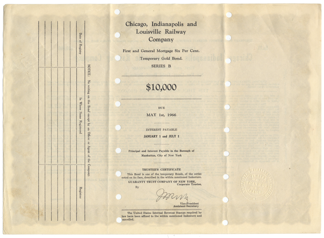 Chicago, Indianapolis and Louisville Railway Company Bond Certificate