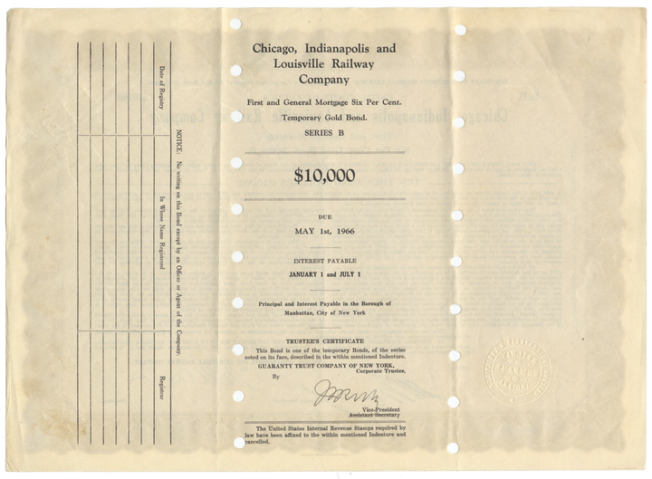 Chicago, Indianapolis and Louisville Railway Company Bond Certificate