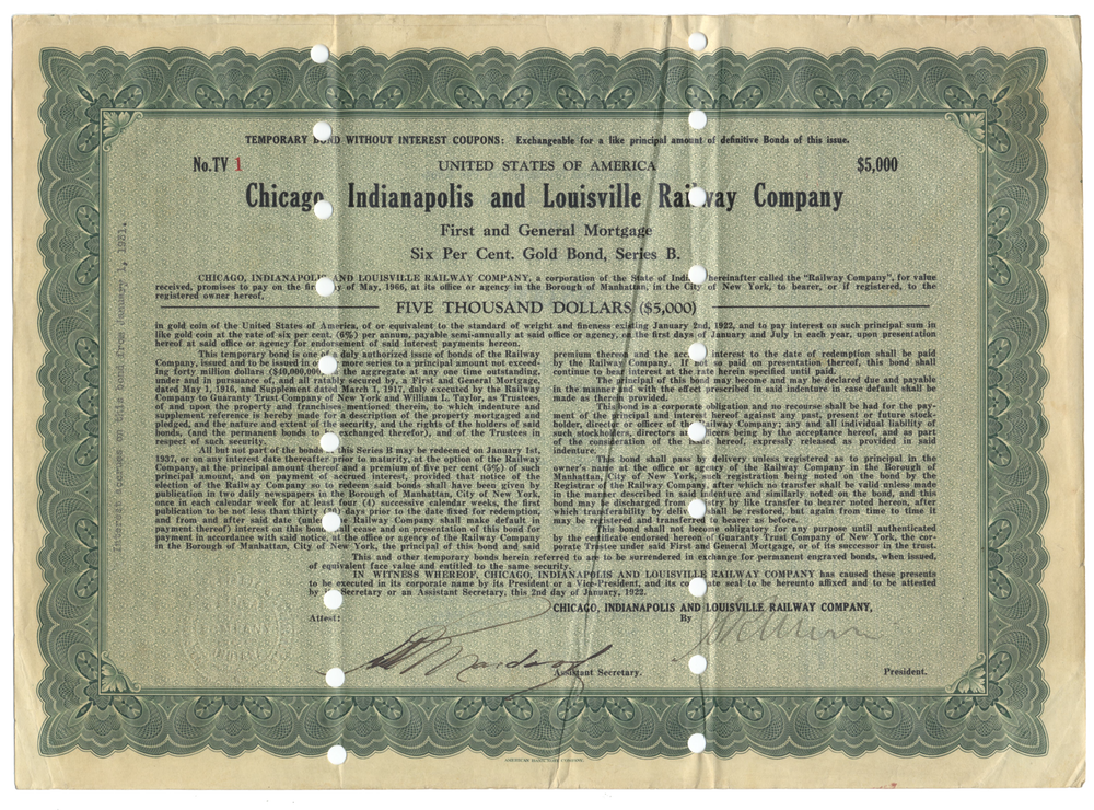 Chicago, Indianapolis and Louisville Railway Company Bond Certificate