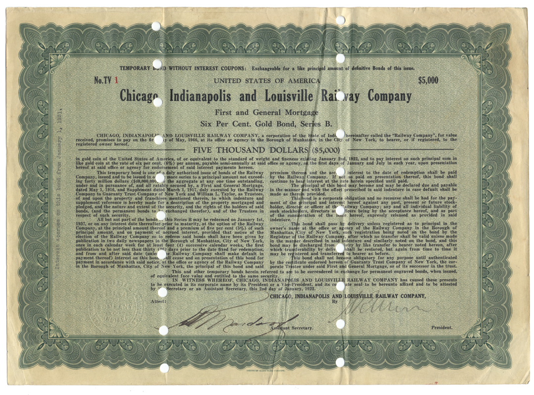 Chicago, Indianapolis and Louisville Railway Company Bond Certificate