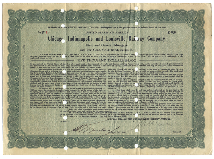 Chicago, Indianapolis and Louisville Railway Company Bond Certificate