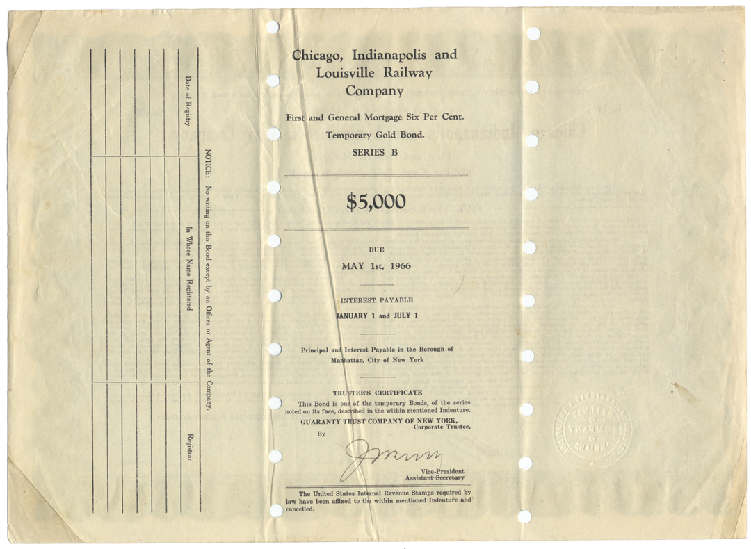 Chicago, Indianapolis and Louisville Railway Company Bond Certificate