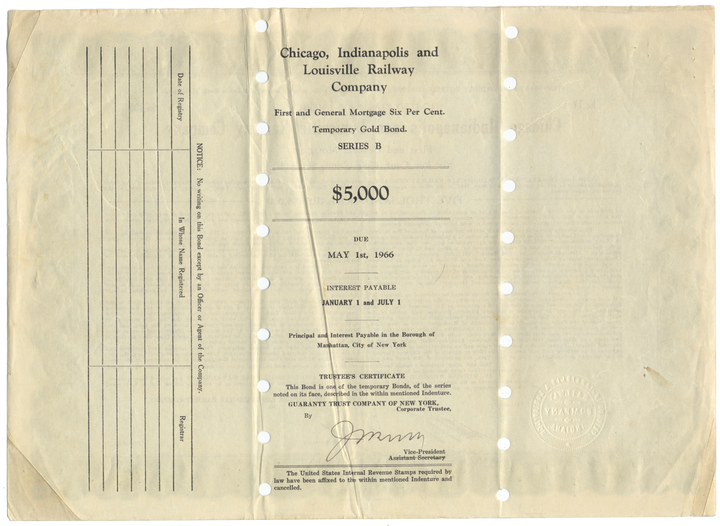 Chicago, Indianapolis and Louisville Railway Company Bond Certificate