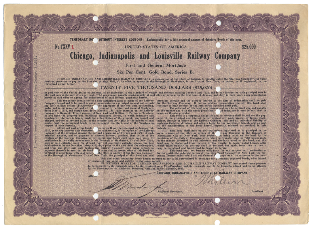 Chicago, Indianapolis and Louisville Railway Company Bond Certificate