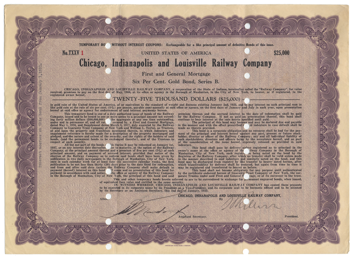 Chicago, Indianapolis and Louisville Railway Company Bond Certificate