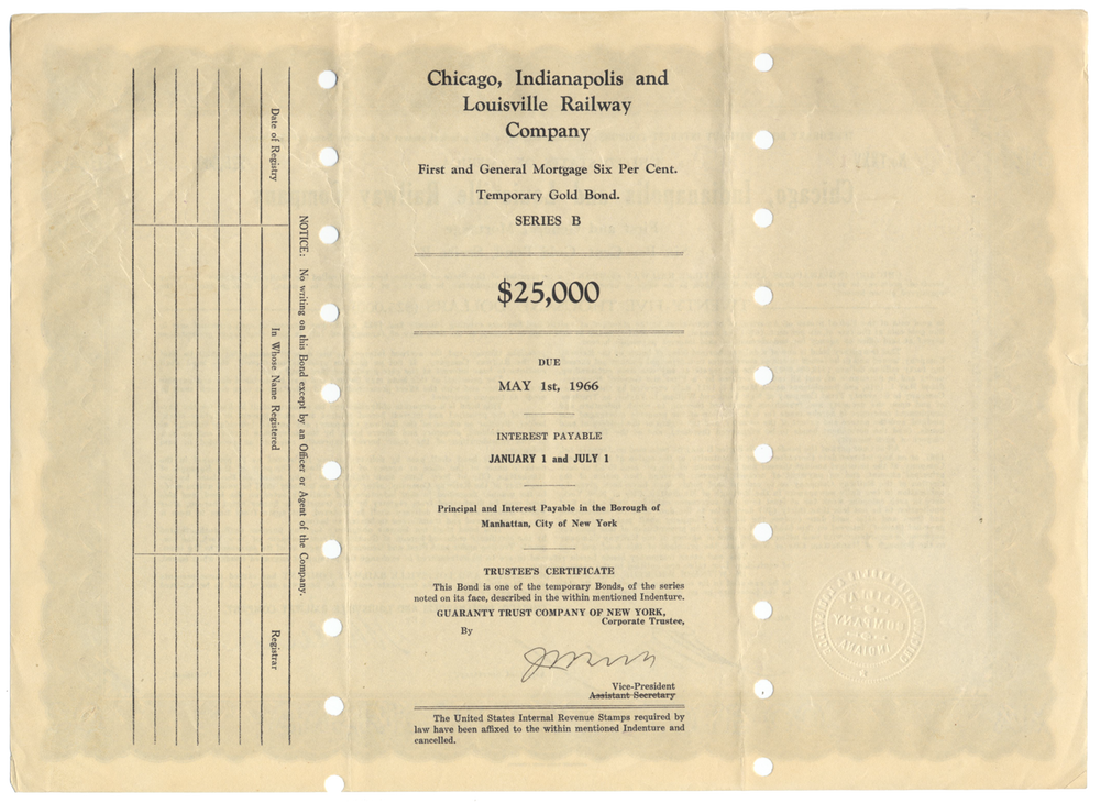 Chicago, Indianapolis and Louisville Railway Company Bond Certificate