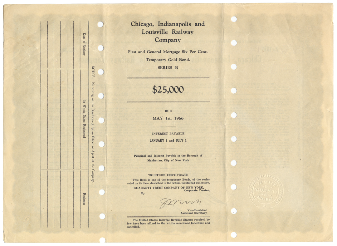 Chicago, Indianapolis and Louisville Railway Company Bond Certificate