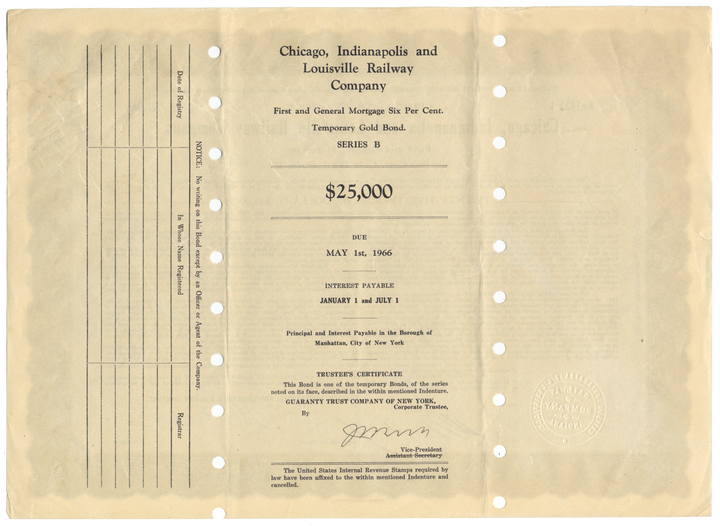 Chicago, Indianapolis and Louisville Railway Company Bond Certificate