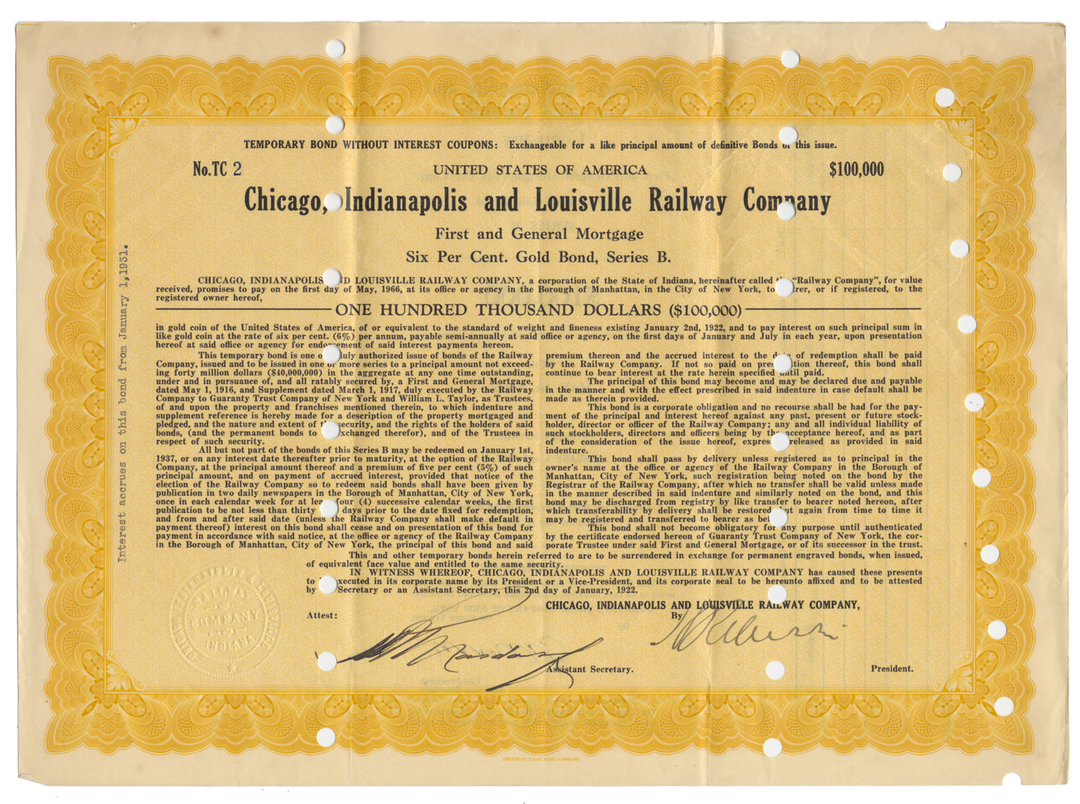 Chicago, Indianapolis and Louisville Railway Company Bond Certificate