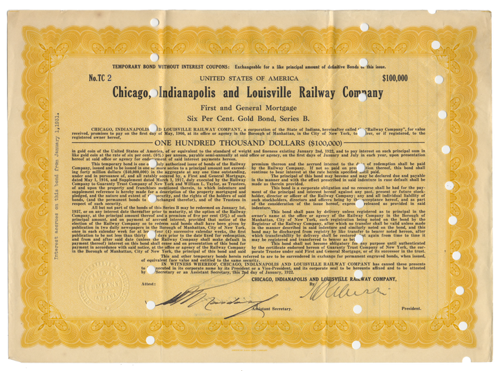 Chicago, Indianapolis and Louisville Railway Company Bond Certificate