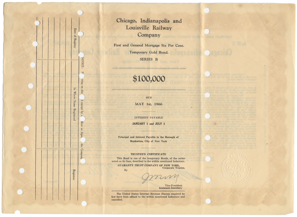 Chicago, Indianapolis and Louisville Railway Company Bond Certificate