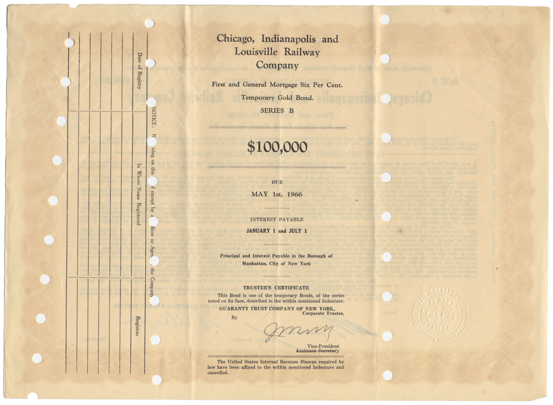 Chicago, Indianapolis and Louisville Railway Company Bond Certificate