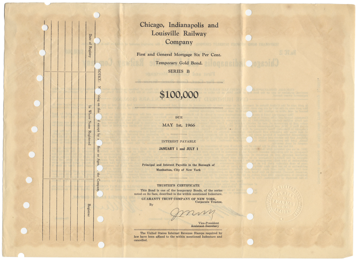 Chicago, Indianapolis and Louisville Railway Company Bond Certificate