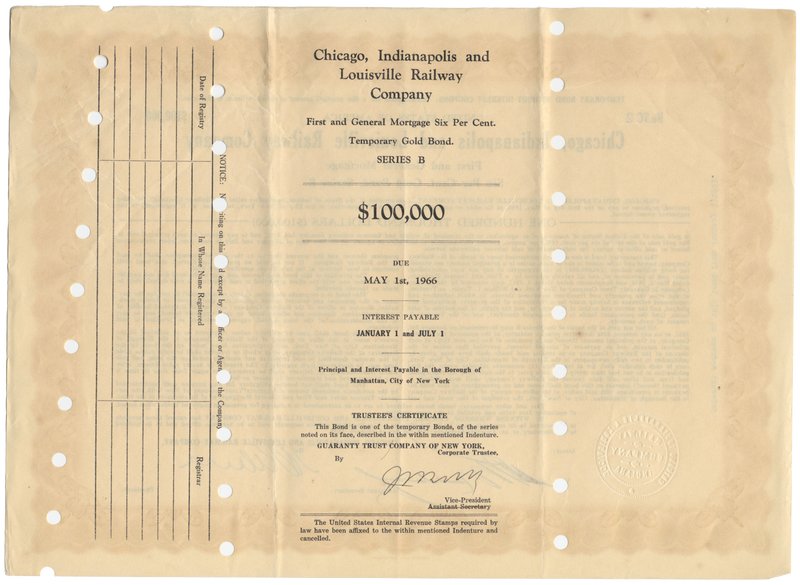 Chicago, Indianapolis and Louisville Railway Company Bond Certificate