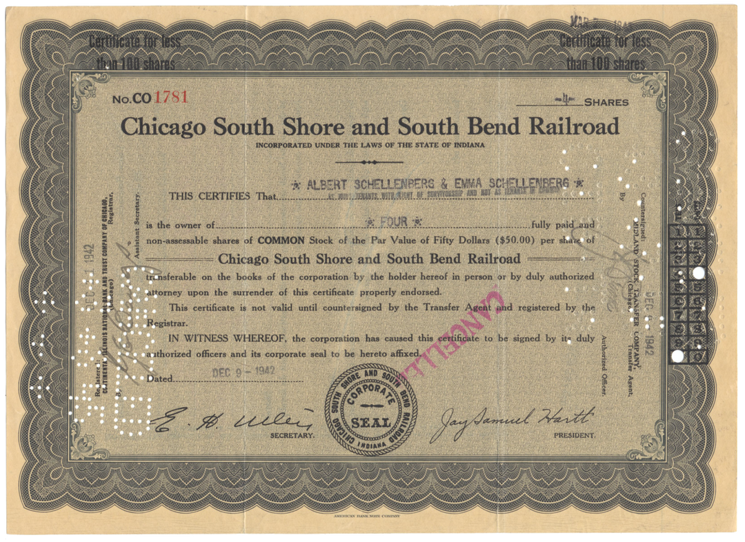 Chicago South Shore and South Bend Railroad Stock Certificate