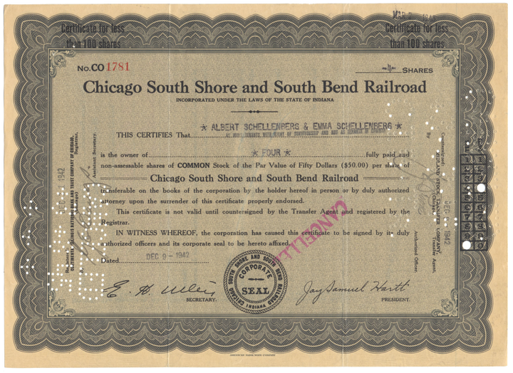 Chicago South Shore and South Bend Railroad Stock Certificate