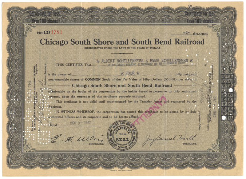Chicago South Shore and South Bend Railroad Stock Certificate