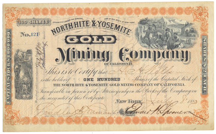 North Hite & Yosemite Gold Mining Company of California Stock Certificate