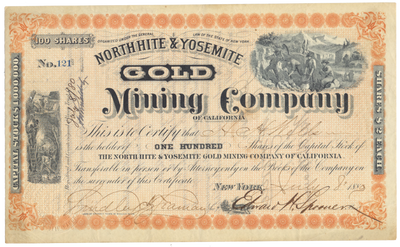 North Hite & Yosemite Gold Mining Company of California Stock Certificate