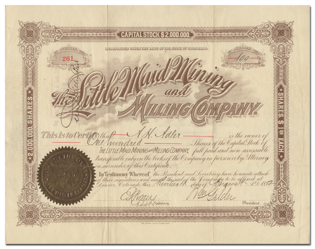 Little Maid Mining and Milling Company Stock Certificate