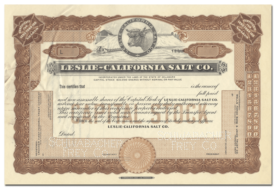 Leslie-California Salt Co. Specimen Stock Certificate