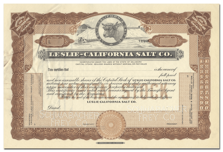 Leslie-California Salt Co. Specimen Stock Certificate