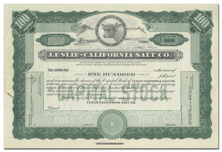 Leslie-California Salt Co. Specimen Stock Certificate