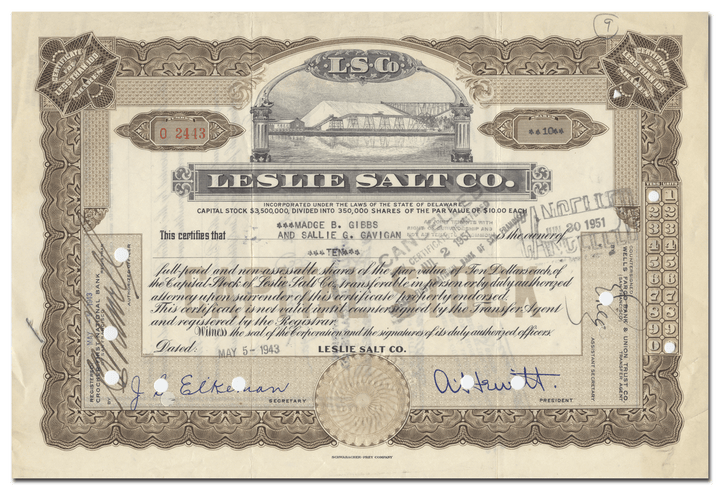 Leslie Salt Co. Stock Certificate