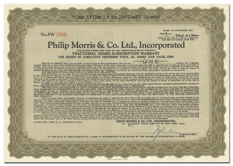 Philip Morris & Co. Ltd., Incorporated Stock Certificate