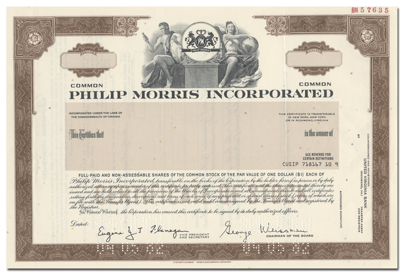 Philip Morris Incorporated Specimen Stock Certificate