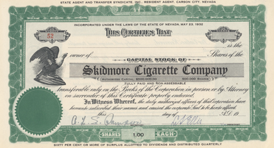 Skidmore Cigarette Company Stock Certificate