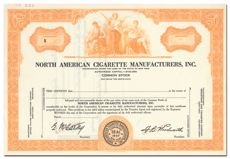 North American Cigarette Manufacturers, Inc. Specimen Stock Certificate