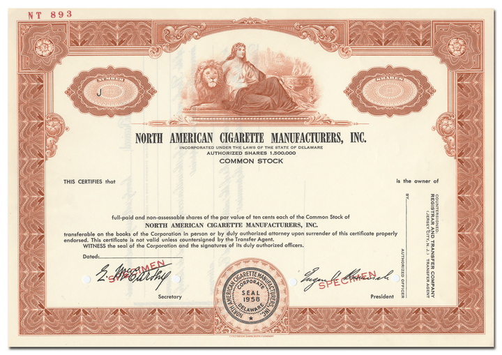 North American Cigarette Manufacturers, Inc. Specimen Stock Certificate