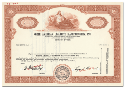North American Cigarette Manufacturers, Inc. Specimen Stock Certificate