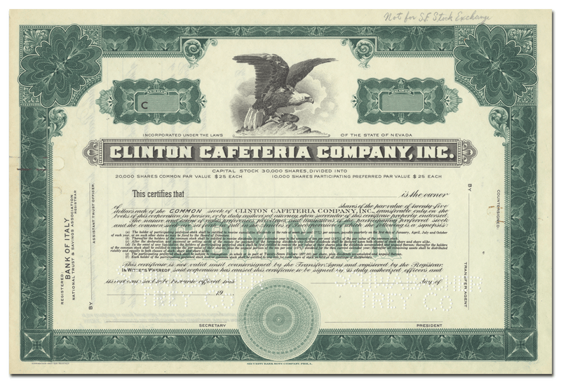 Clinton Cafeteria Company, Inc. Stock Certificate
