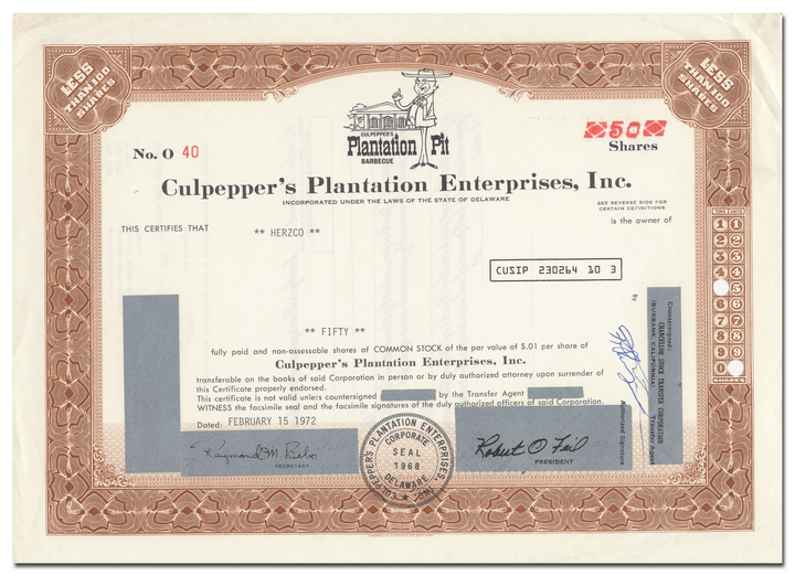 Culpepper's Plantation Enterprises, Inc. Stock Certificate