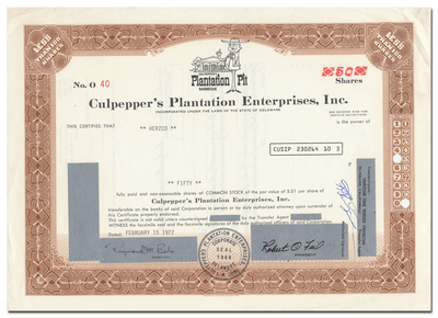 Culpepper's Plantation Enterprises, Inc. Stock Certificate